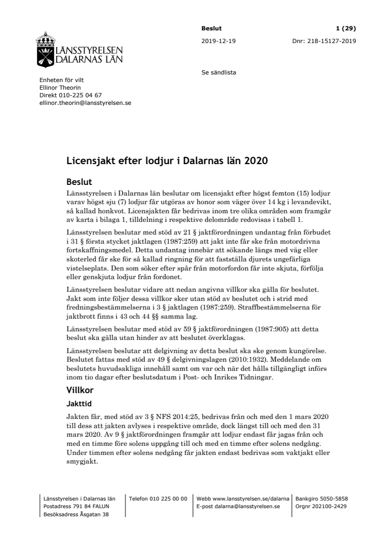 Beslut om licensjakt lodjur i Dalarnas län 2020