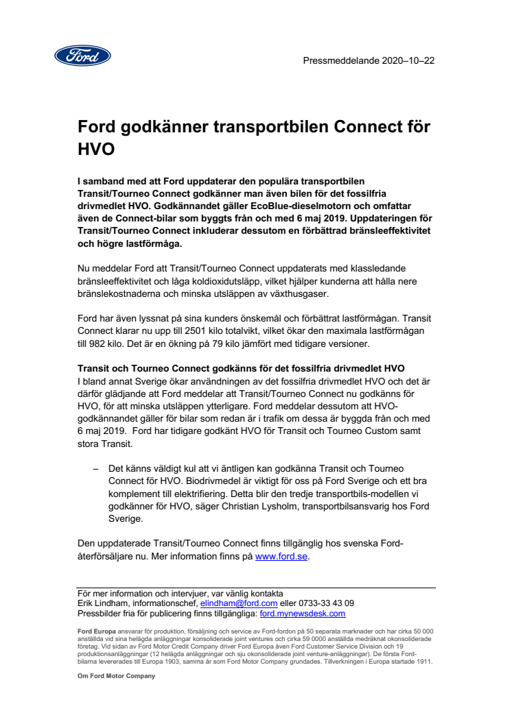 Ford godkänner transportbilen Connect för HVO