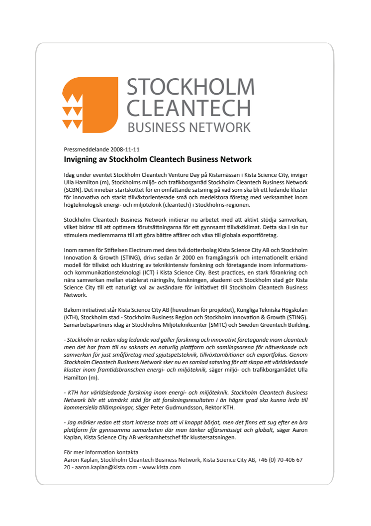 Stockholm Cleantech Business Network invigs idag