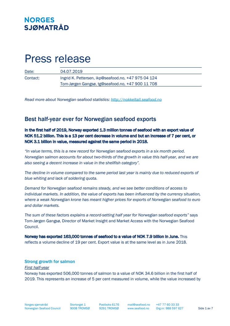 Best half-year ever for Norwegian seafood exports