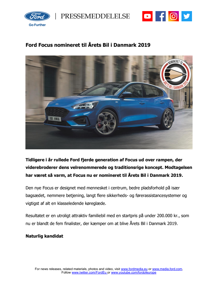 Ford Focus nomineret til Årets Bil i Danmark 2019