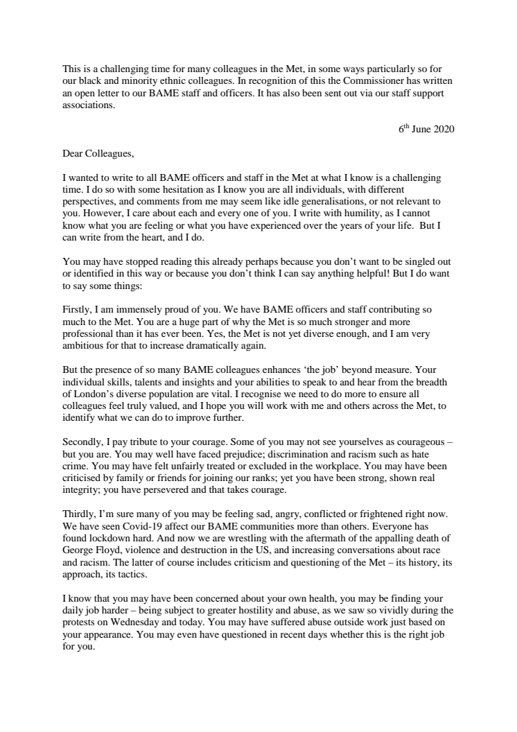 Commissioner's open letter to BAME staff