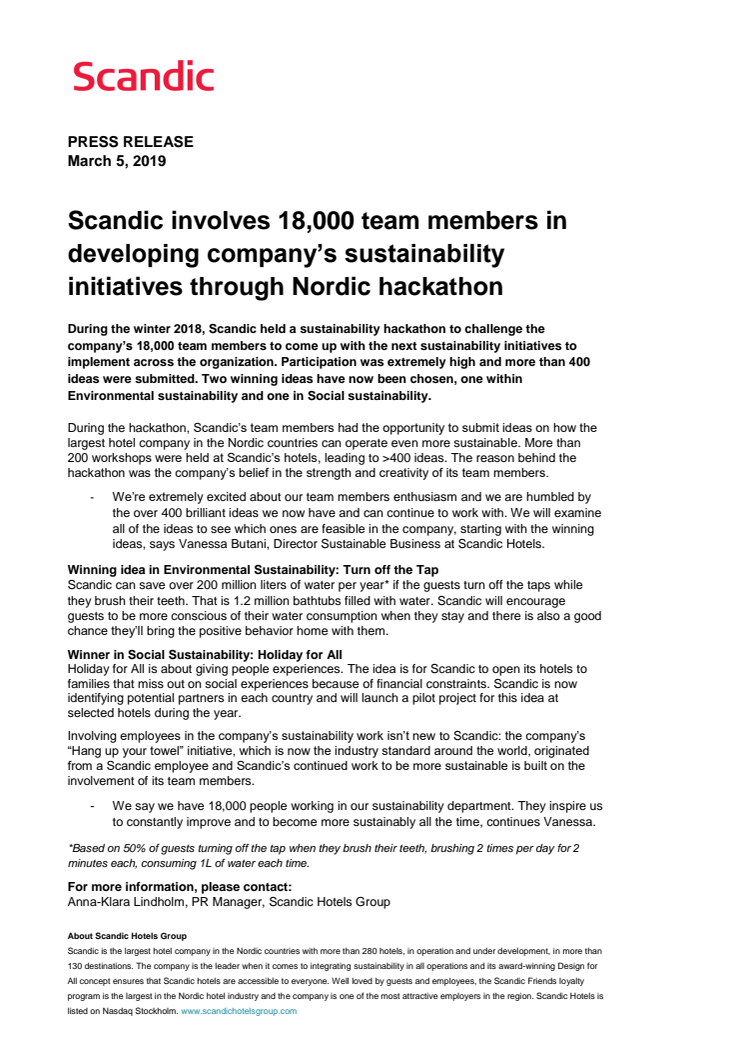 Scandic involves 18,000 team members in developing company’s sustainability initiatives through Nordic hackathon  