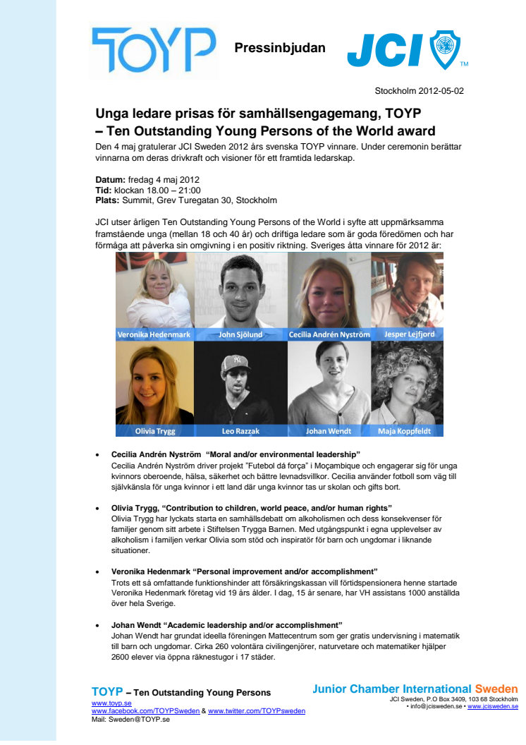 Pressinbjudan: Unga ledare prisas för samhällsengagemang, TOYP  – Ten Outstanding Young Persons of the World award 