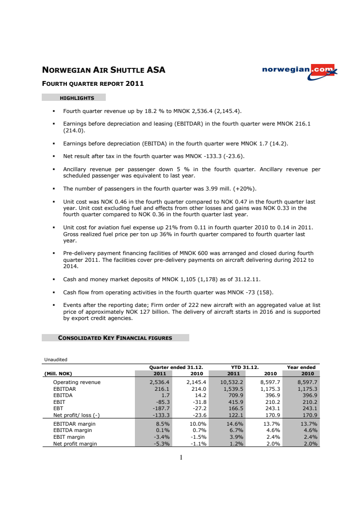 Norwegian Reports 2011 Results: Strong Passenger Growth, High Load Factor and Fleet Renewal 