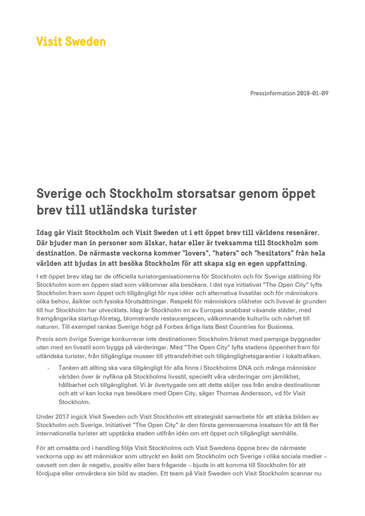 Sverige och Stockholm storsatsar genom öppet brev till utländska turister 
