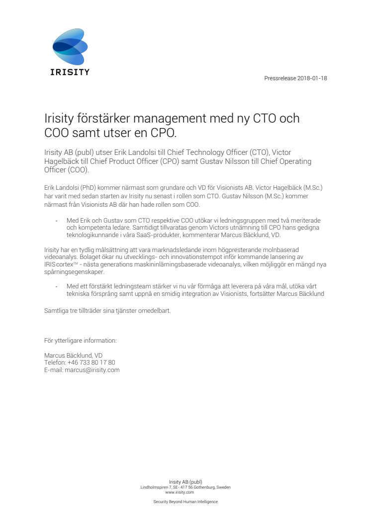 Irisity förstärker management med ny CTO och COO samt utser en CPO.