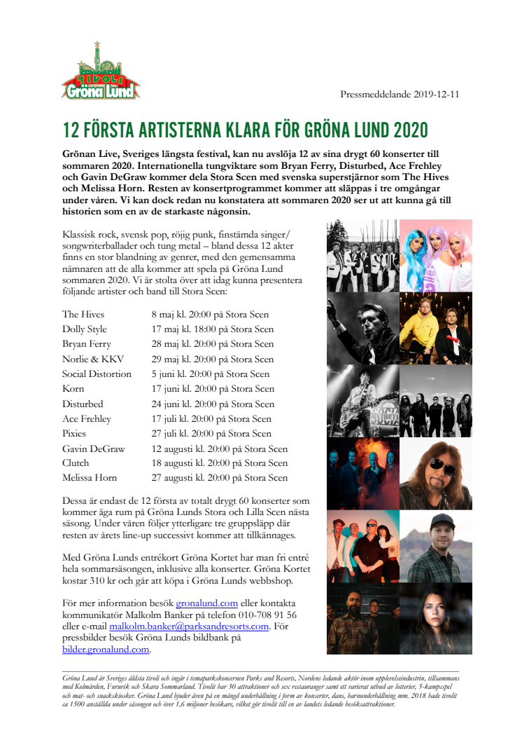 12 första artisterna klara till Gröna Lund 2020