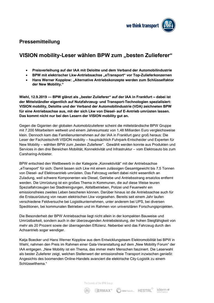 VISION mobility-Leser wählen BPW zum „besten Zulieferer“