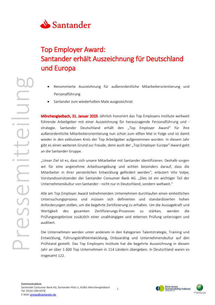 Top Employer Award:  Santander erhält Auszeichnung für Deutschland und Europa 