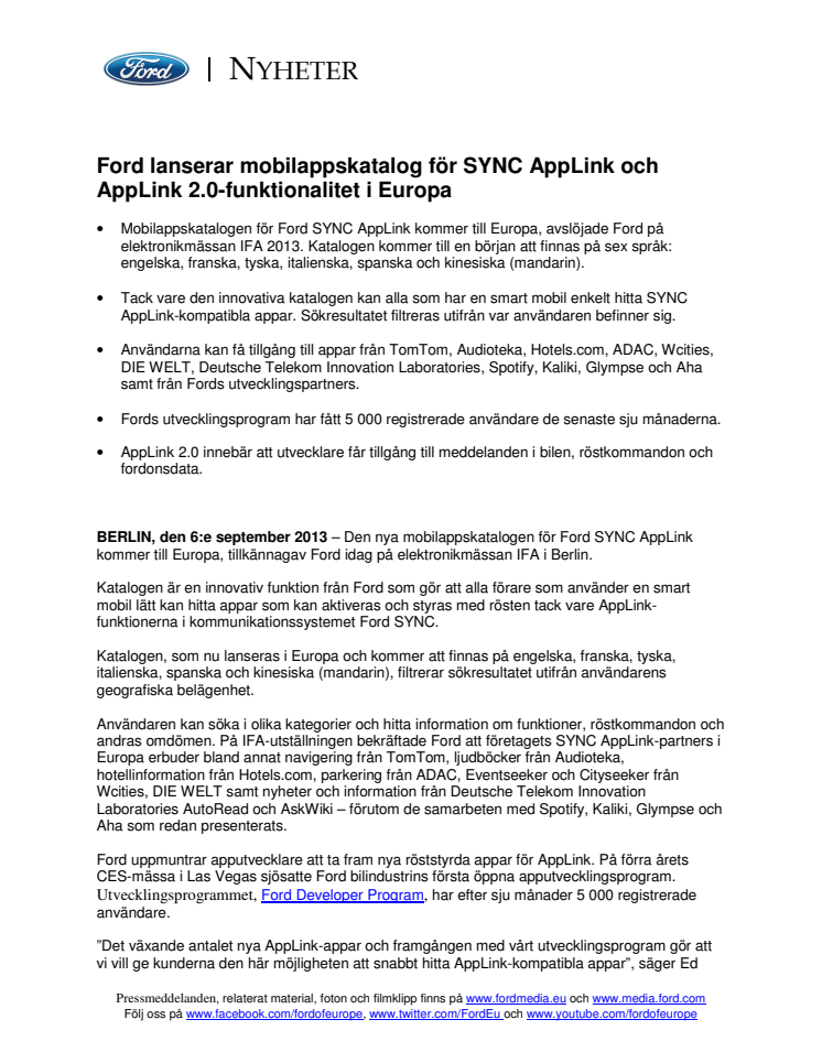 Ford lanserar mobilappskatalog för SYNC AppLink och AppLink 2.0-funktionalitet i Europa