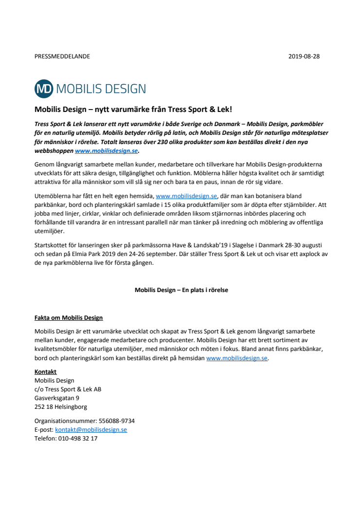Mobilis Design – nytt varumärke från Tress Sport & Lek!