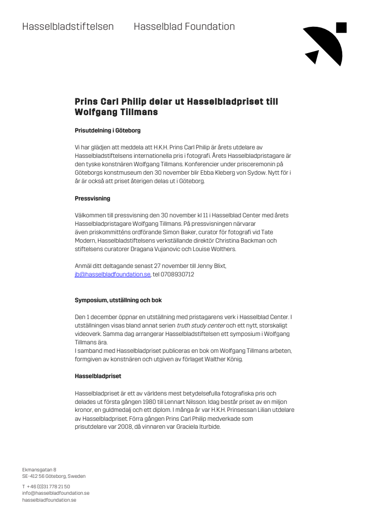 Prins Carl Philip delar ut Hasselbladpriset till Wolfgang Tillmans