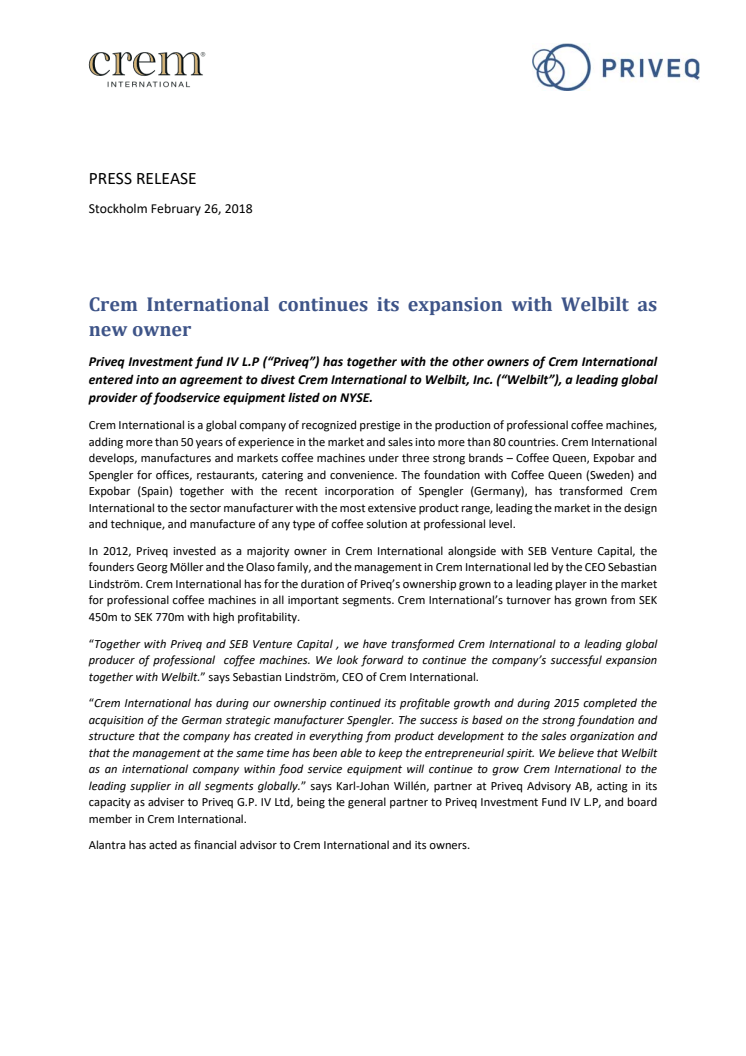 Crem International continues its expansion with Welbilt as new owner