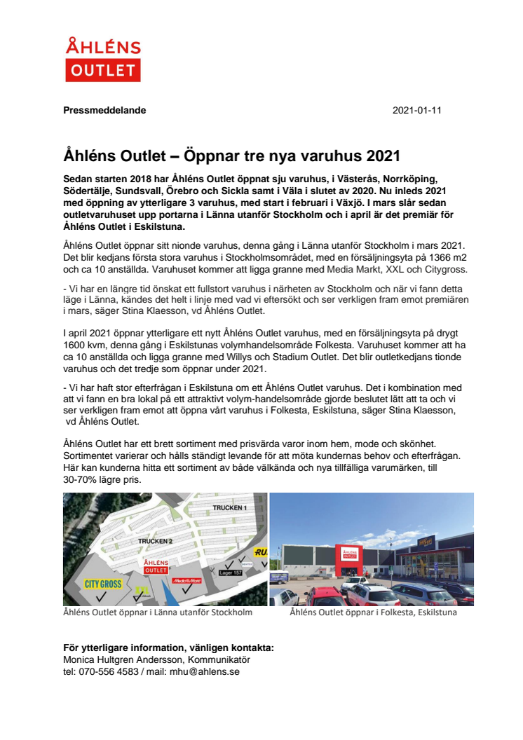 Åhléns Outlet – Öppnar tre nya varuhus 2021