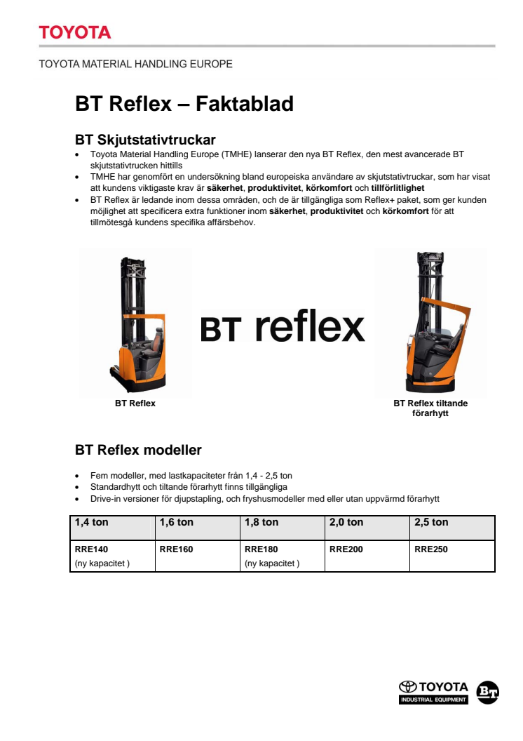 BT Reflex skjutstativtruck - faktablad