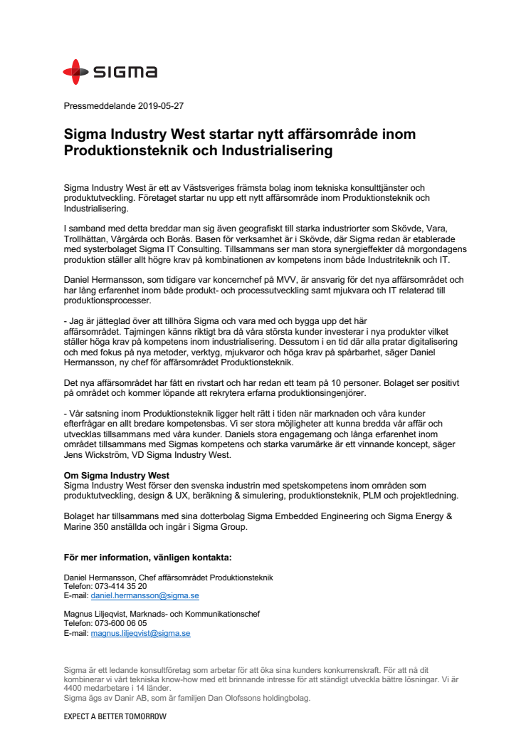 Sigma Industry West startar nytt affärsområde inom Produktionsteknik och Industrialisering