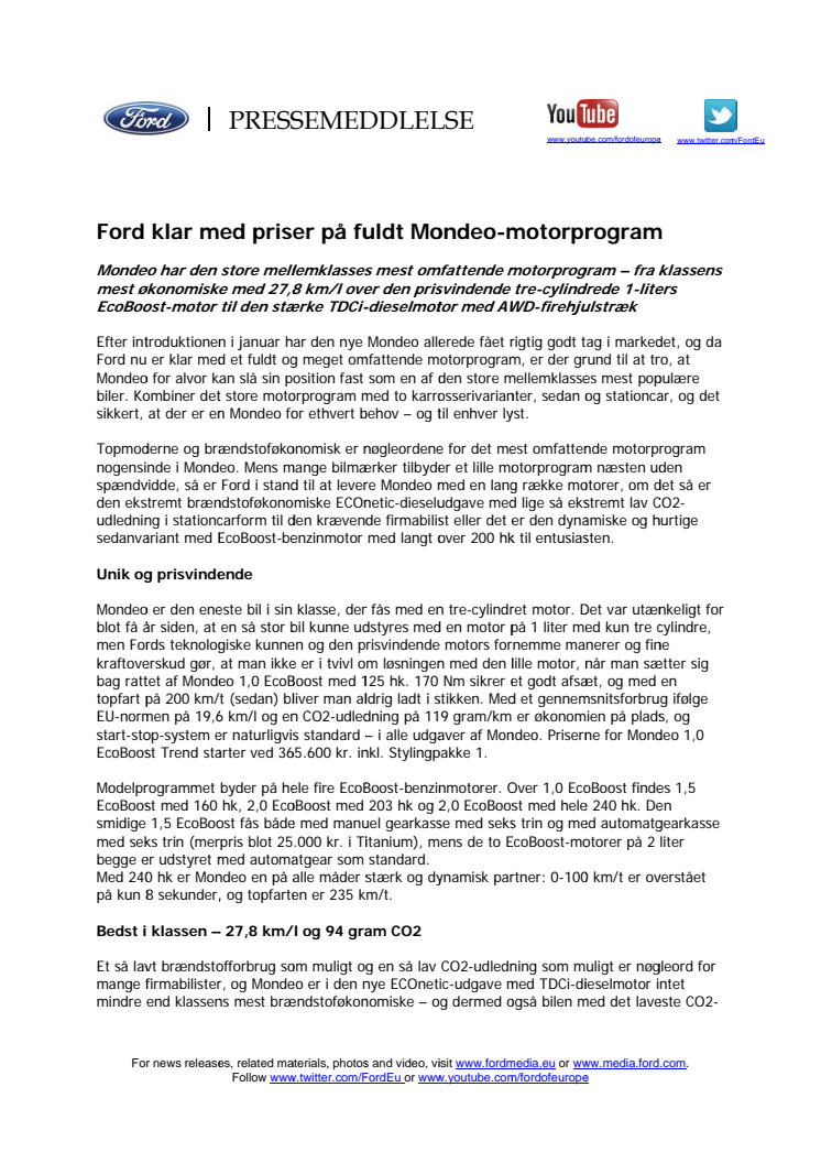 Ford klar med priser på fuldt Mondeo-motorprogram