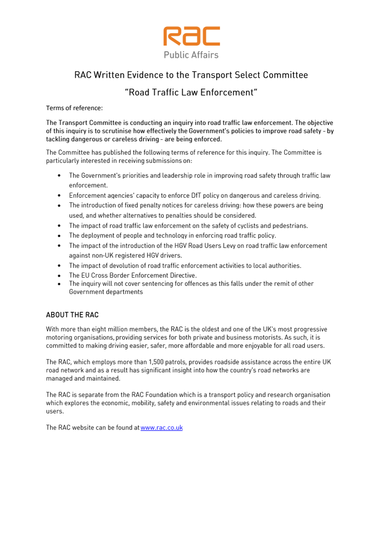 RAC Response to Transport Select Committee inquiry into road traffic law enforcement