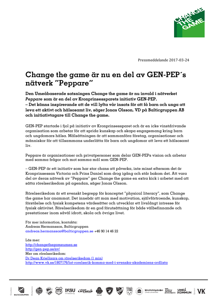 Change the game är nu en del av GEN-PEP´s nätverk ”Peppare”