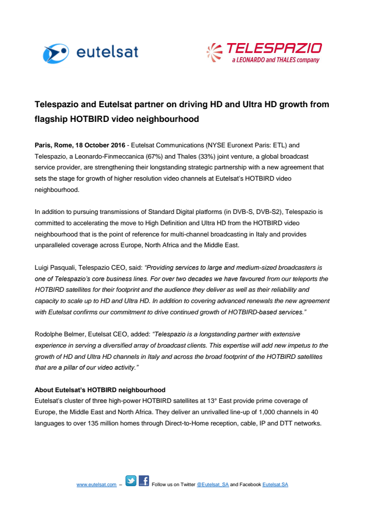 Telespazio and Eutelsat partner on driving HD and Ultra HD growth from flagship HOTBIRD video neighbourhood