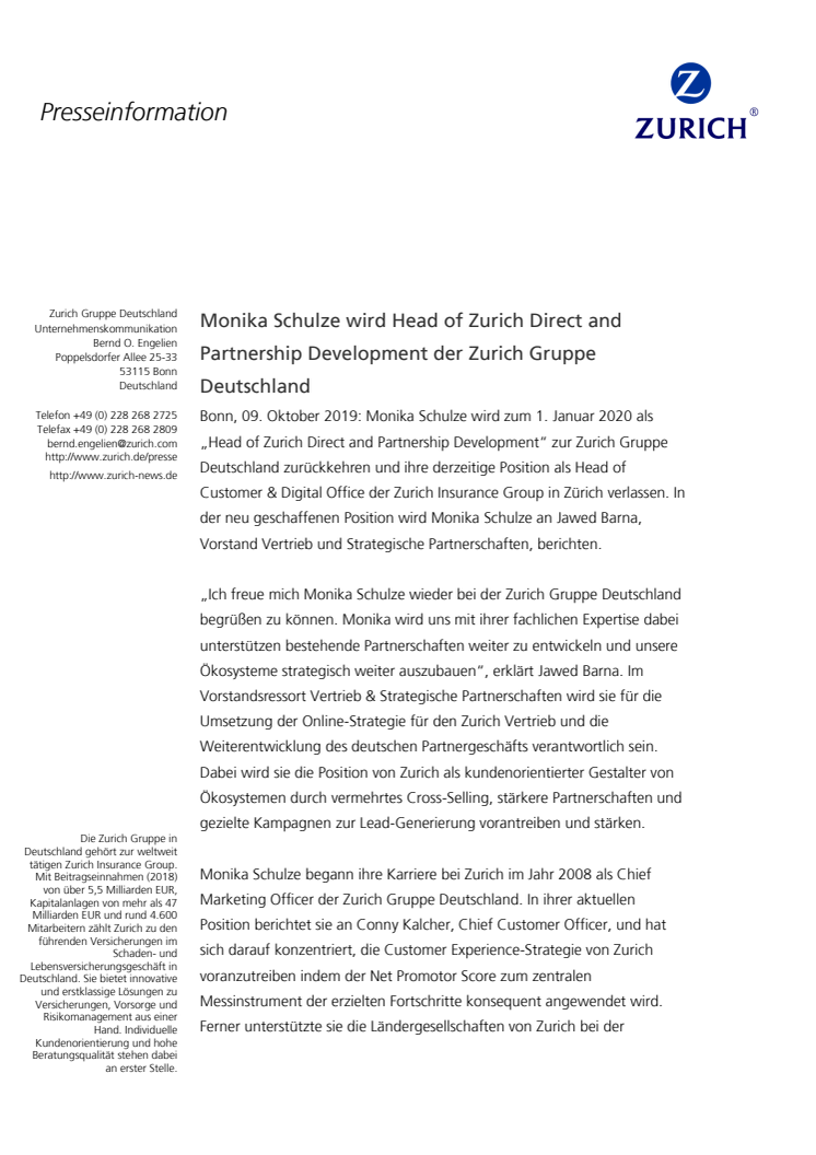 Monika Schulze wird Head of Zurich Direct and Partnership Development der Zurich Gruppe Deutschland