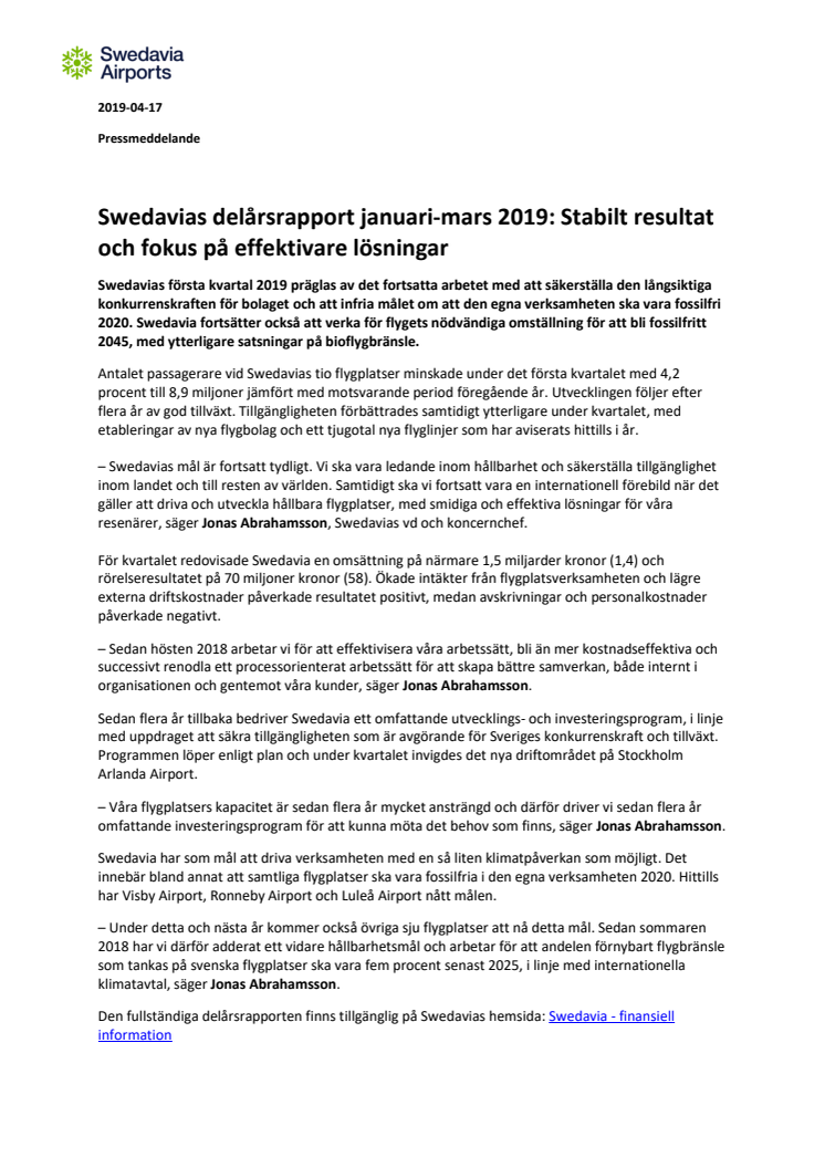 Swedavias delårsrapport januari-mars 2019: Stabilt resultat och fokus på effektivare lösningar