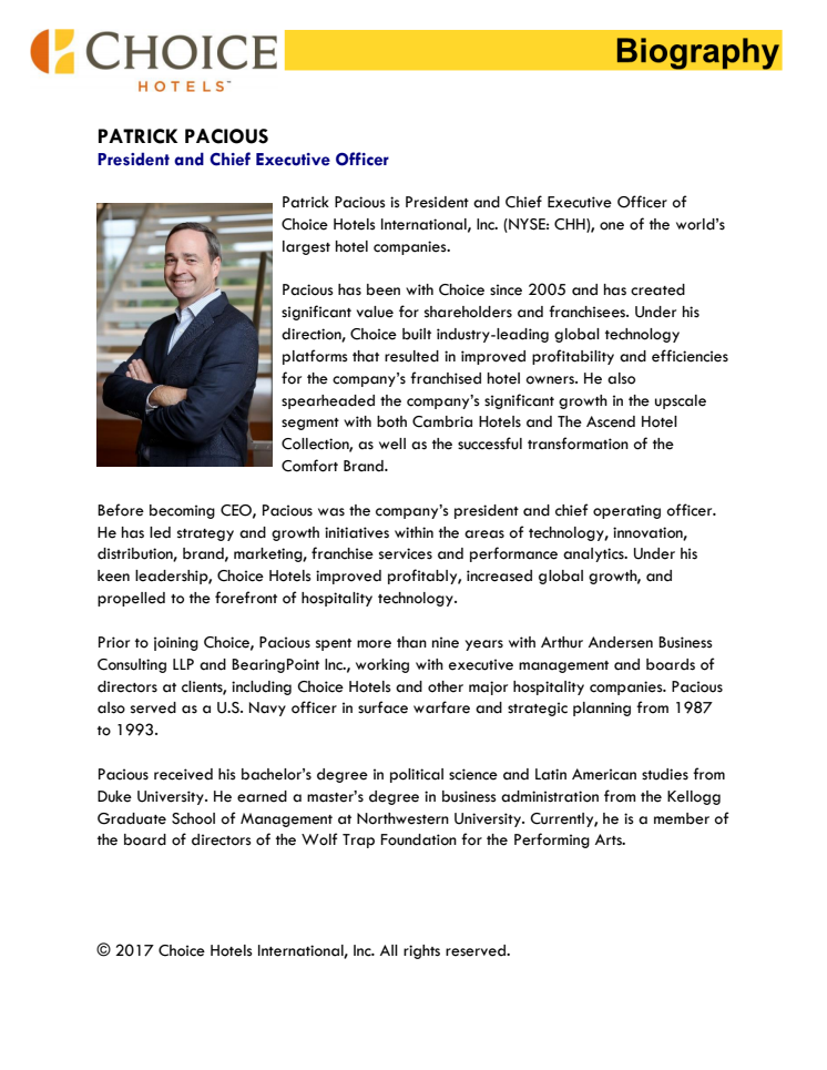 Biography, Patrick Pacious, President and Chief Executive Officer