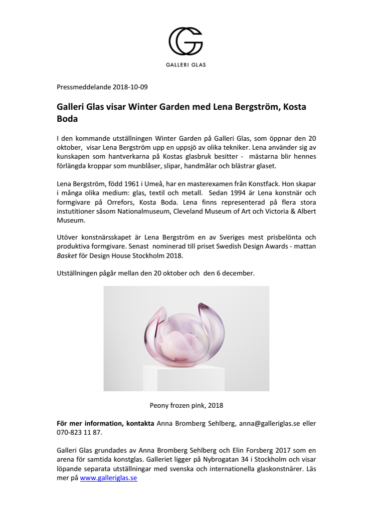 Galleri Glas visar Winter Garden med Lena Bergström, Kosta Boda