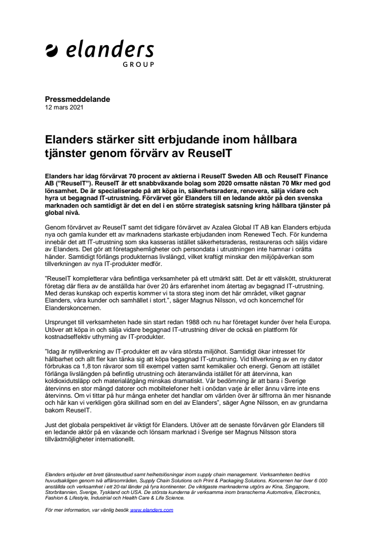 2021-03-12 Elanders pressmeddelande - Elanders stärker sitt erbjudande inom hållbara tjänster genom förvärv av ReuseIT.pdf