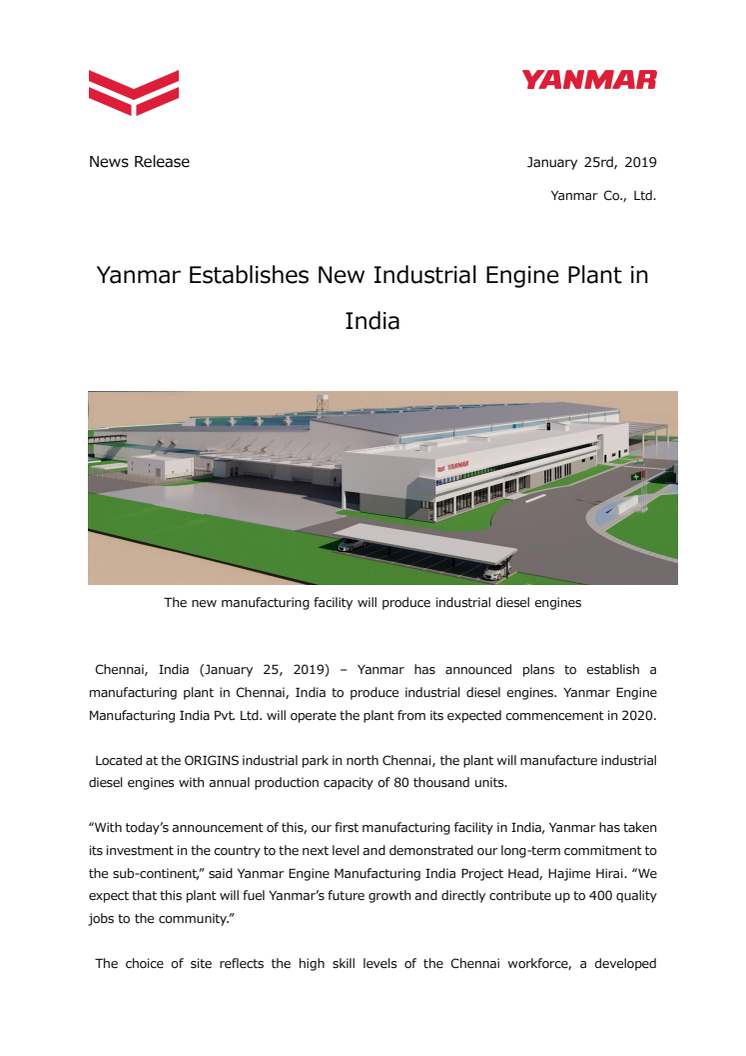 Yanmar Establishes New Industrial Engine Plant in India