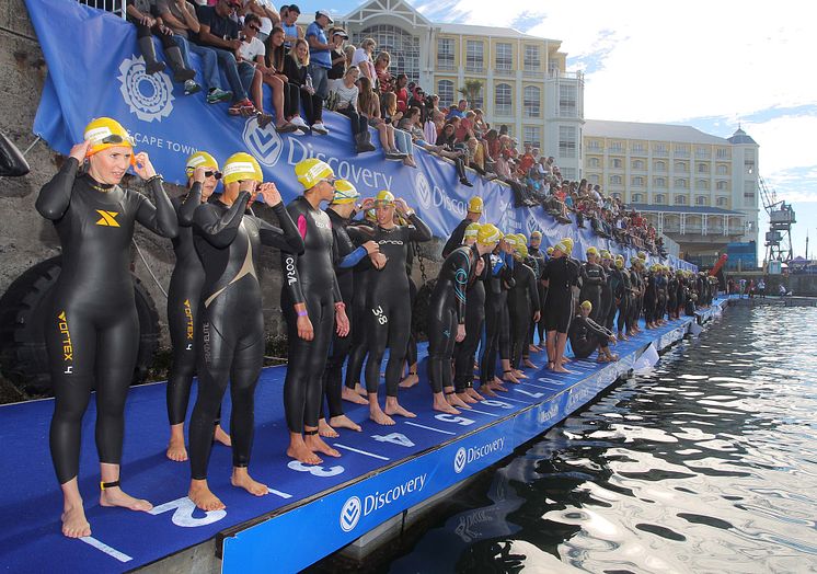 Discovery World Triathlon Cape Town - Age Group Race female contenders at swim start           