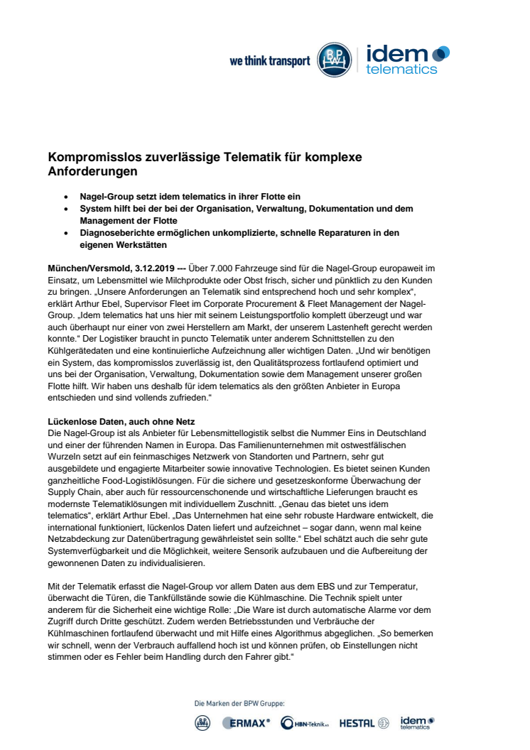 idem telematics und Nagel Group: Kompromisslos zuverlässige Telematik für komplexe Anforderungen