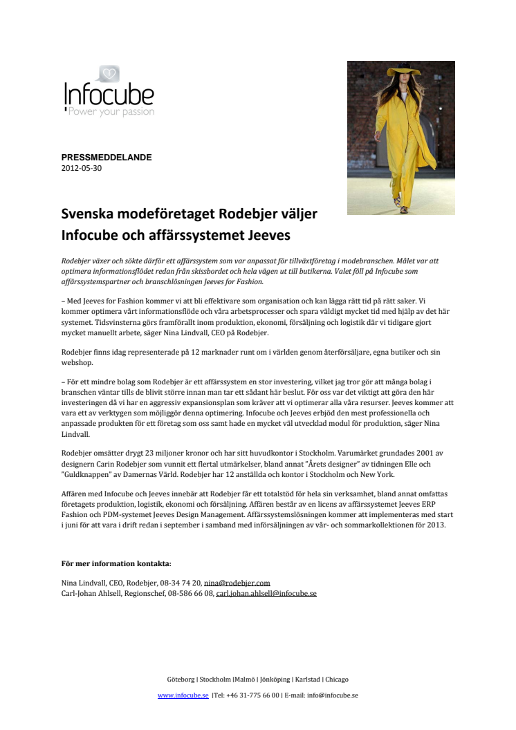 Svenska modeföretaget Rodebjer väljer Infocube och affärssystemet Jeeves 