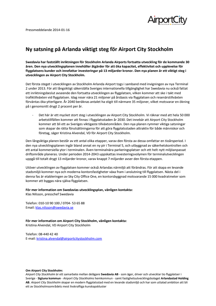Ny satsning på Arlanda viktigt steg för Airport City Stockholm