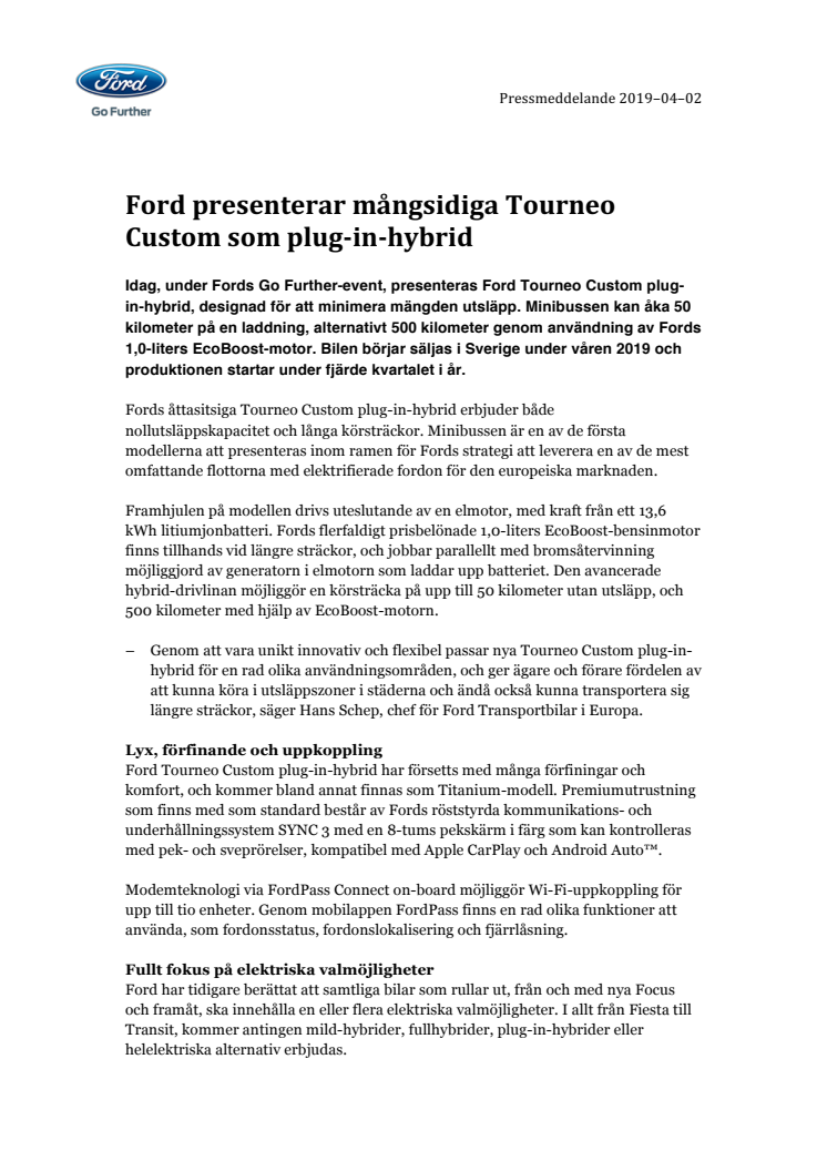 Ford presenterar mångsidiga Tourneo Custom som plug-in-hybrid
