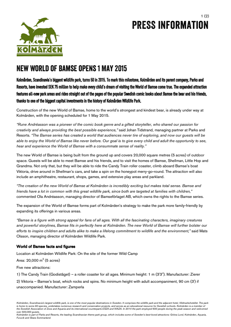 New World of Bamse opens 1 May 2015