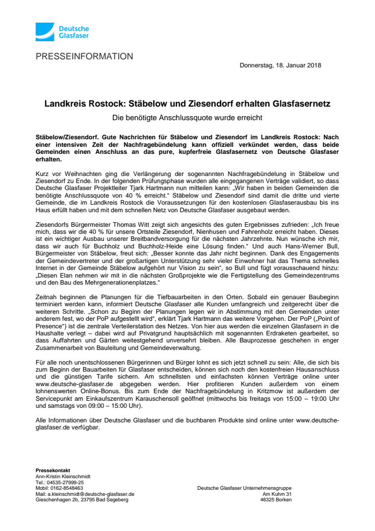 Landkreis Rostock: Stäbelow und Ziesendorf erhalten Glasfasernetz