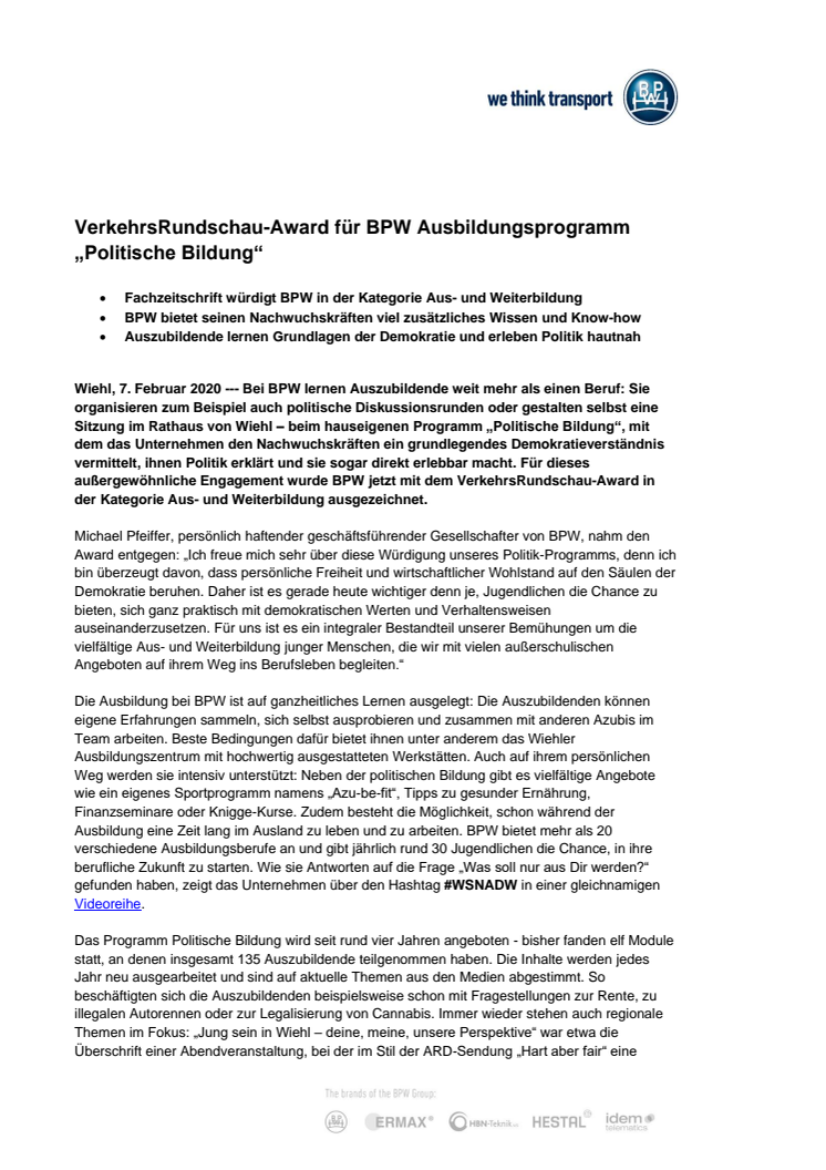 VerkehrsRundschau-Award für BPW Ausbildungsprogramm „Politische Bildung“