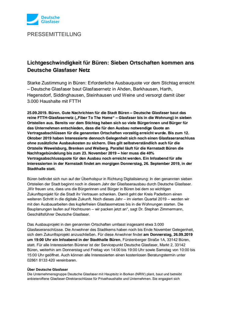 Lichtgeschwindigkeit für Büren: Sieben Ortschaften kommen ans Deutsche Glasfaser Netz