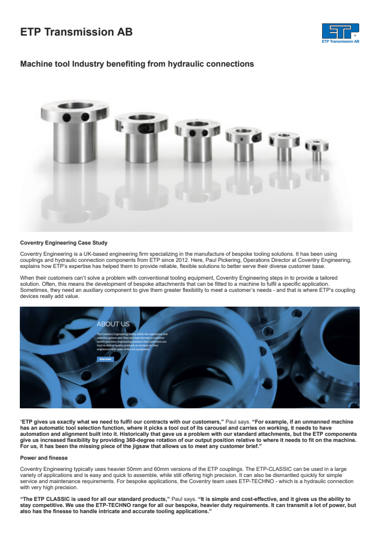 Machine tool Industry benefiting from hydraulic connections