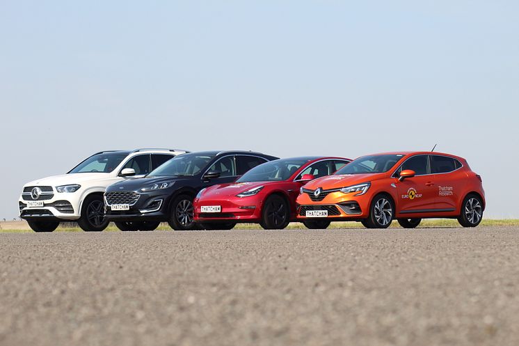 A selection of the cars tested (L-R Mercedes GLE, Ford Kuga, Tesla Model 3, Renault Clio)