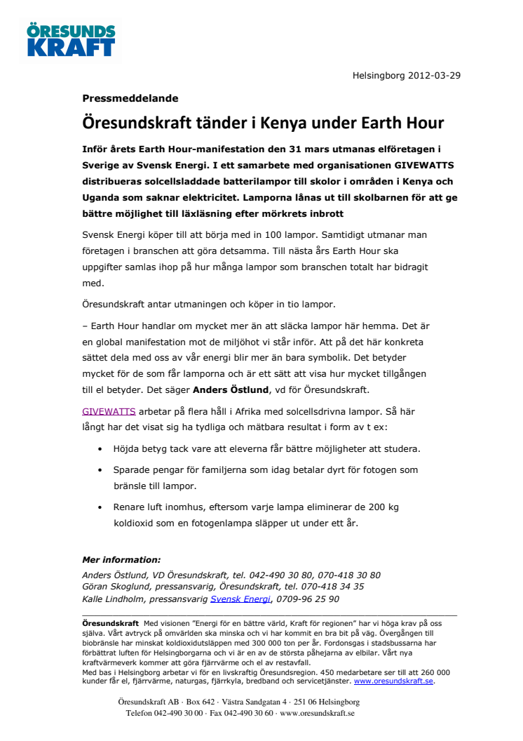 Öresundskraft tänder i Kenya under Earth Hour