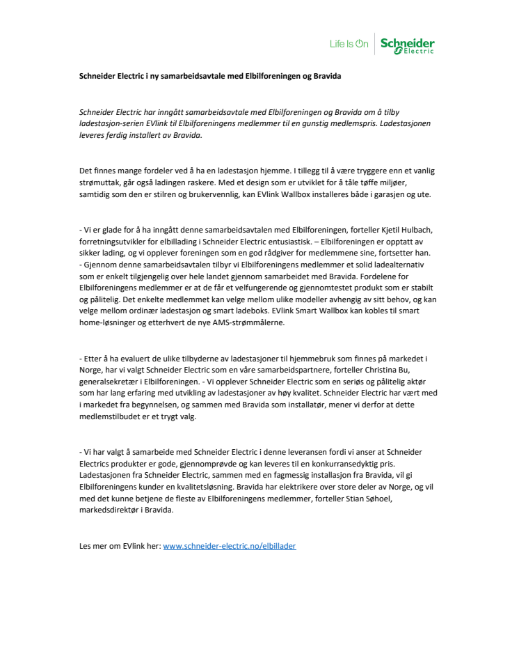 Schneider Electric i ny samarbeidsavtale med Elbilforeningen og Bravida