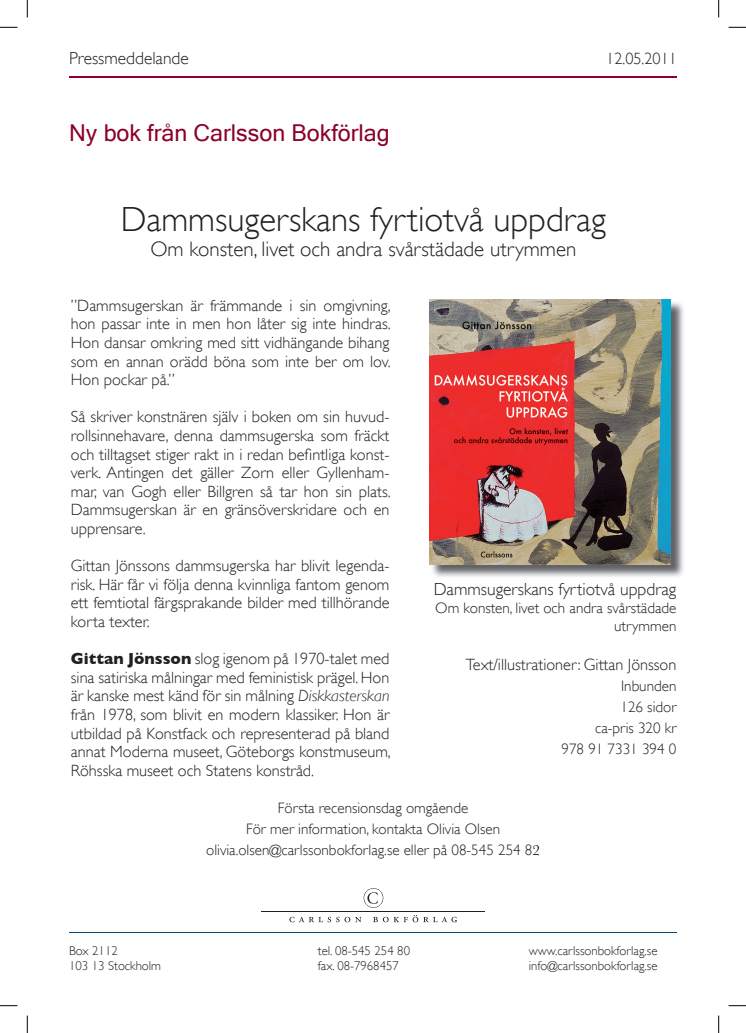 Ny bok: Dammsugerskans fyrtiotvå uppdrag. Om konsten, livet och andra svårstädade utrymmen