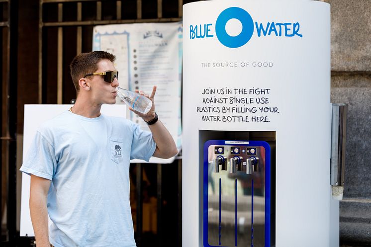 A Bluewater hydration station in Chicago, outside the downtown Chicago McCormick  Bridgehouse and Chicago River Museum, turns tap water into pristine drinking water.