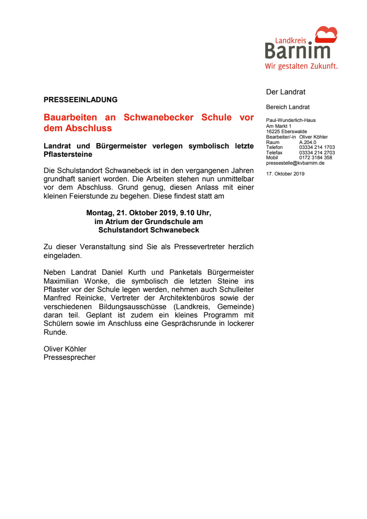 Einladung Eröffnung Schule Schwanebeck