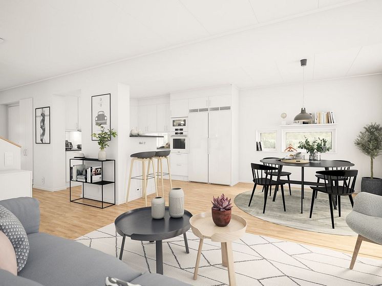 Brf Genvägen - 3D-bild av kök och vardagsrum