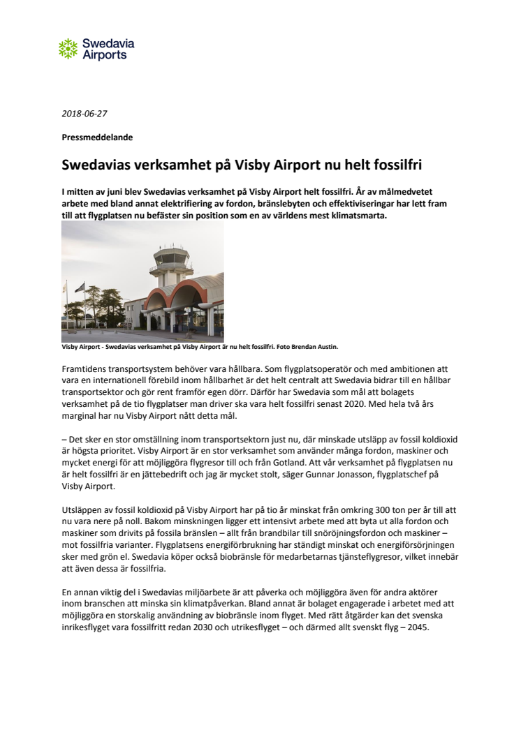 Swedavias verksamhet på Visby Airport nu helt fossilfri