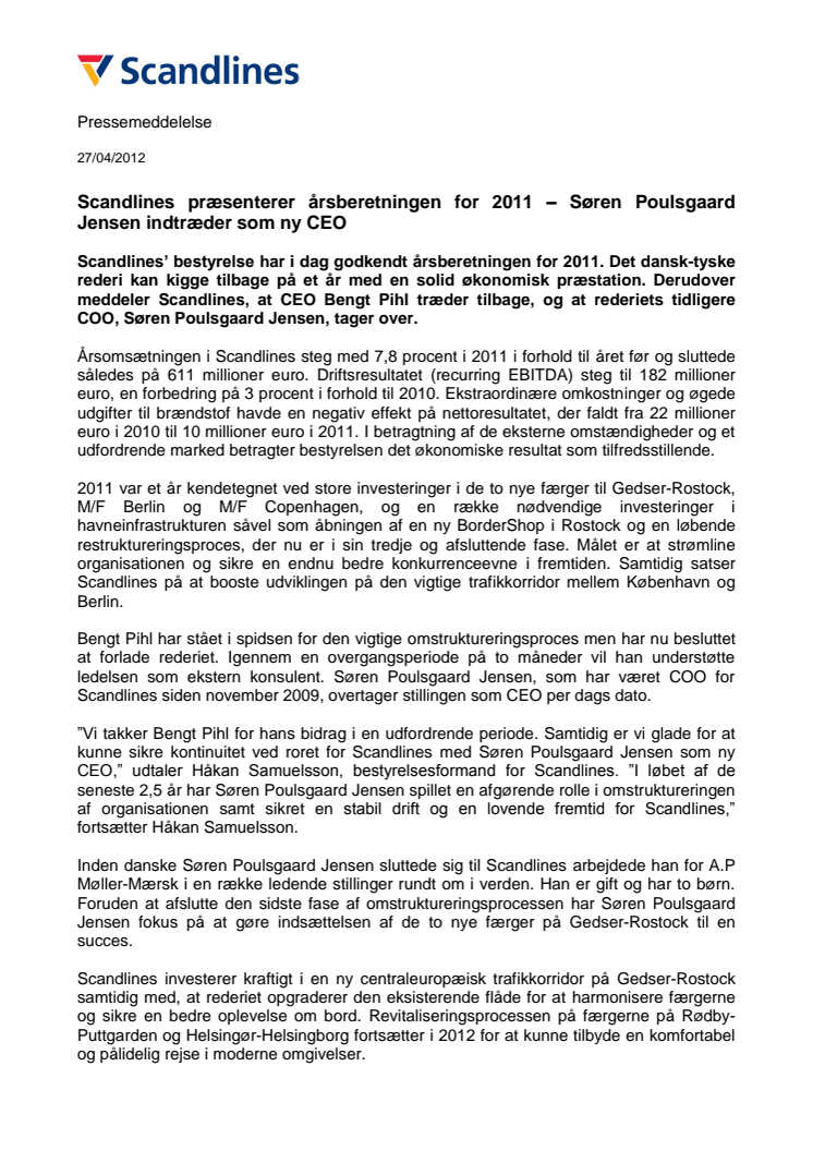 Scandlines præsenterer årsberetningen for 2011 – Søren Poulsgaard Jensen indtræder som ny CEO